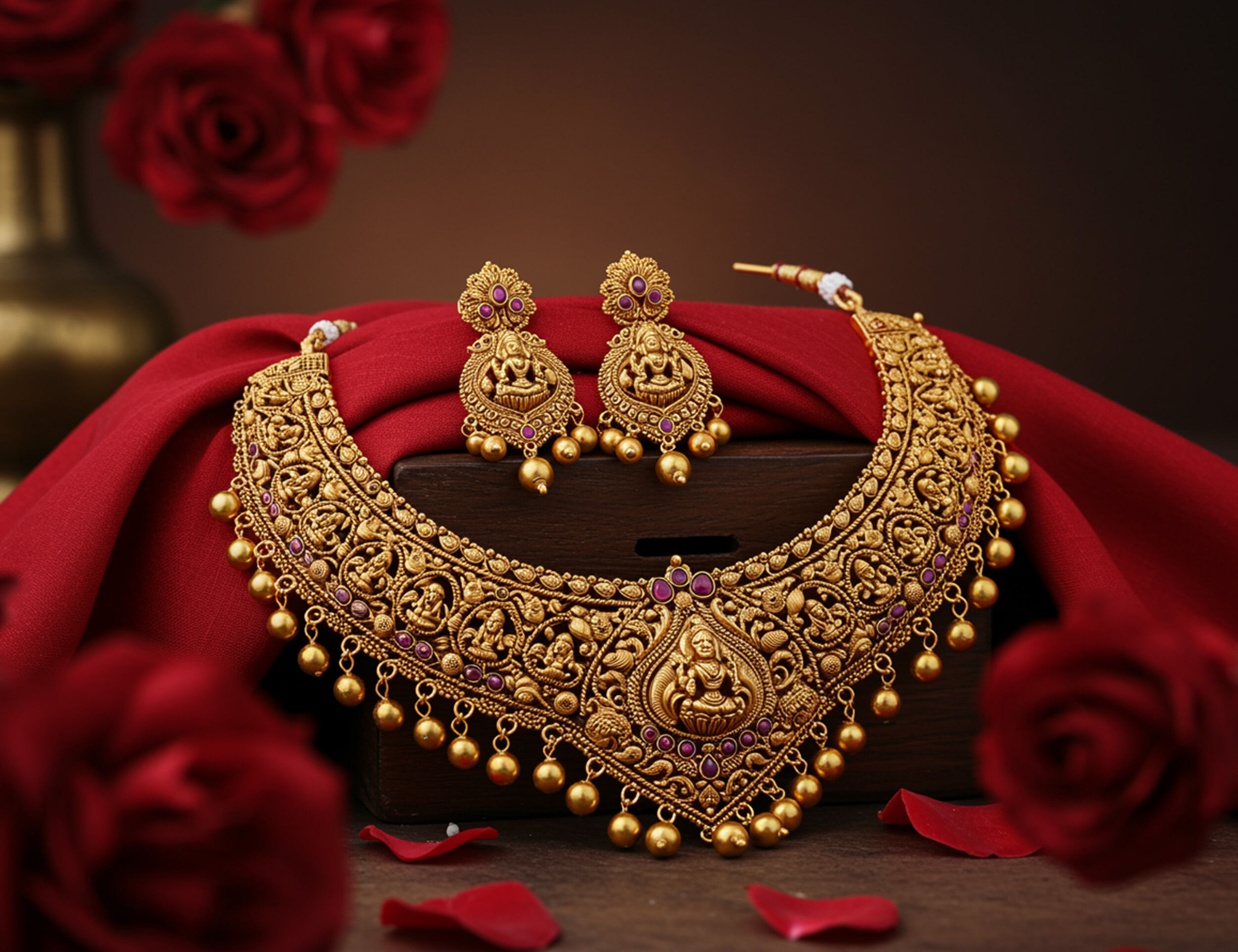 Elegant traditional gold necklace paired with matching gold earrings, a perfect jewelry set for bridesmaids